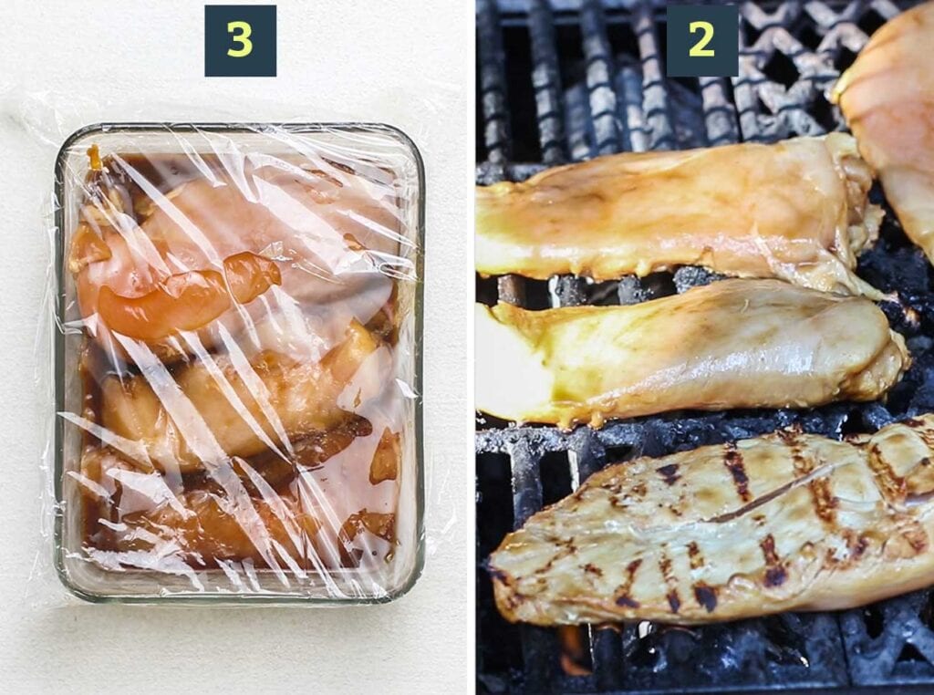 Step 1 shows marinated chicken overnight, flipping to evenly marinate, and step 4 shows grilling the chicken.