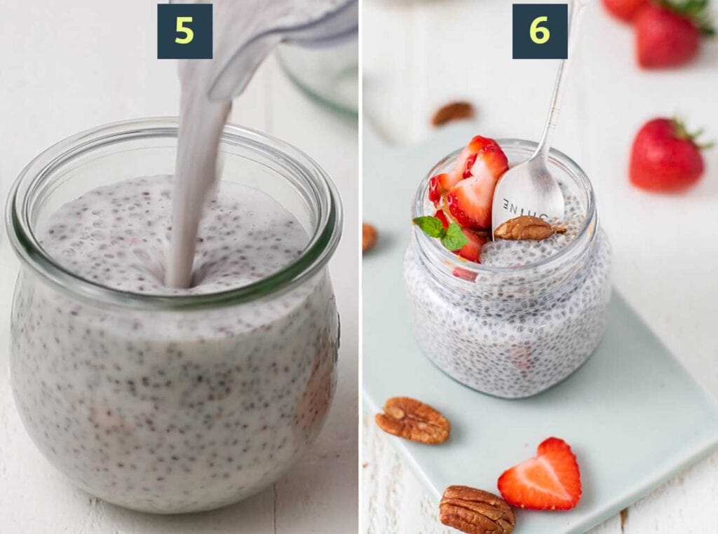 Step 5 shows to pour the pudding into storage jars, and step 6 shows to add toppings to serve it.