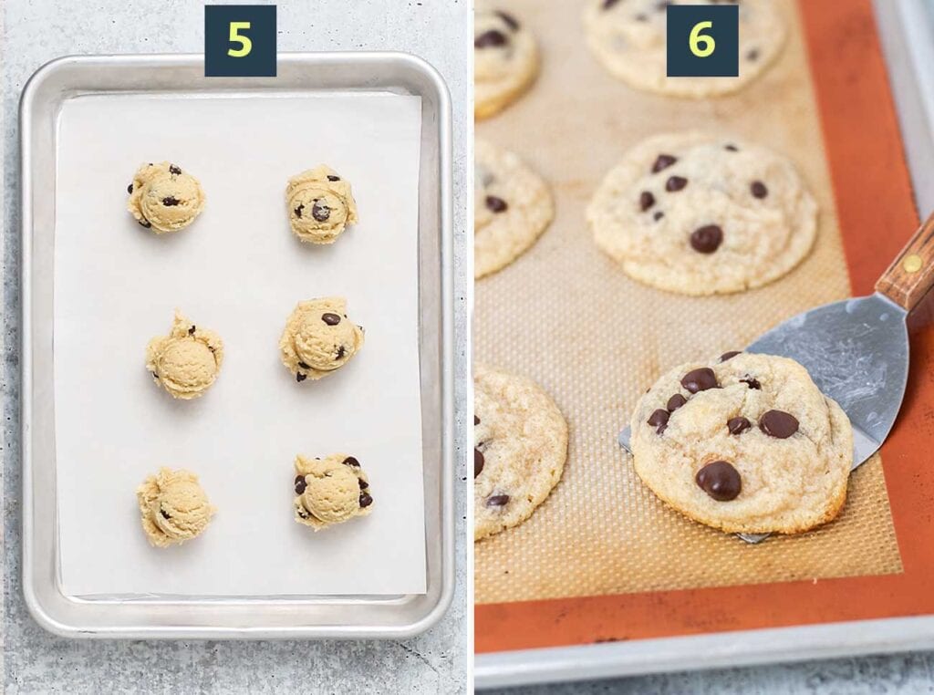 Step 5 shows scooping cookies onto a baking tray, and step 6 shows baking the cookies.