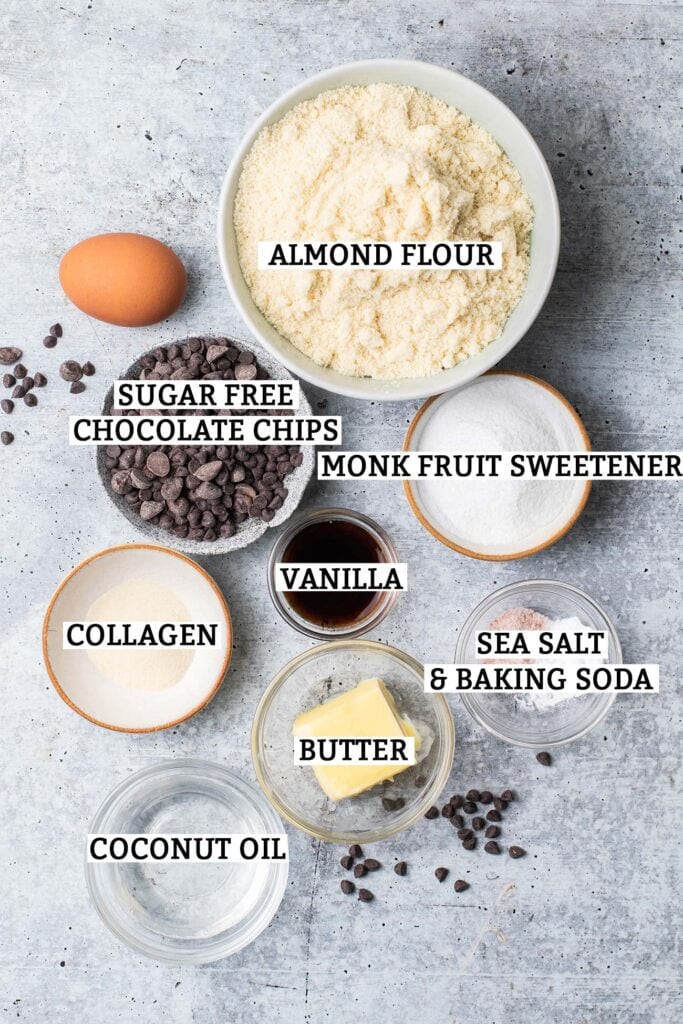 The ingredients needed to make low carb chocolate chip cookies.
