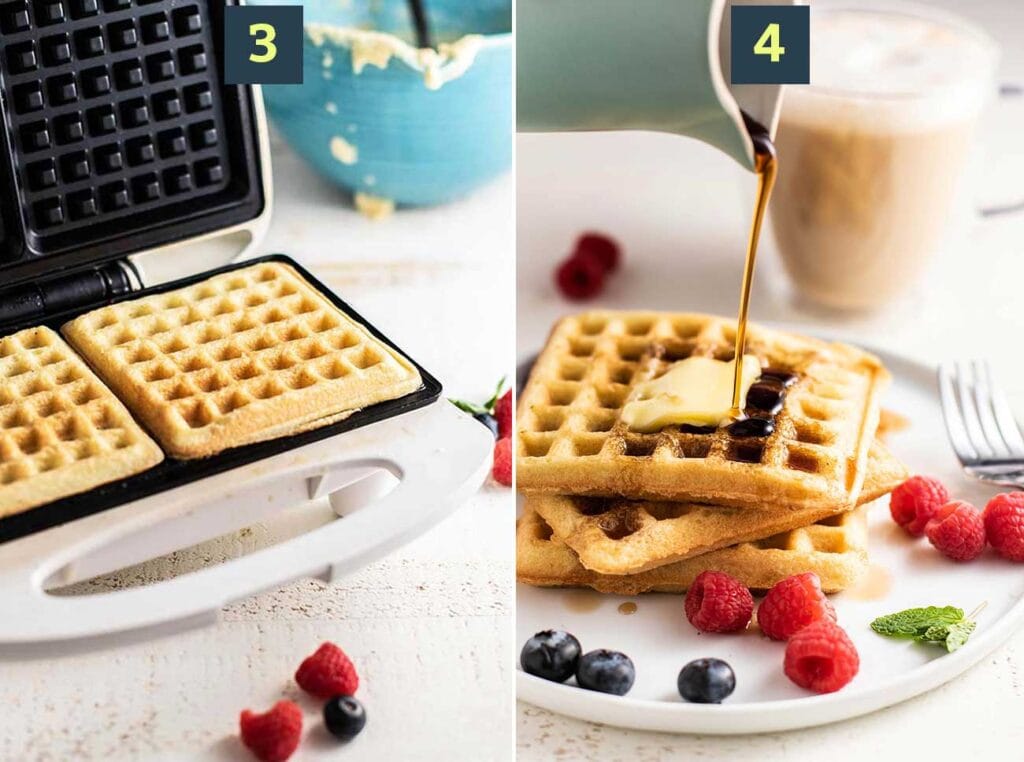 Step 3 shows cooking the waffles in a waffle iron, and step 4 shows serving suggestions.