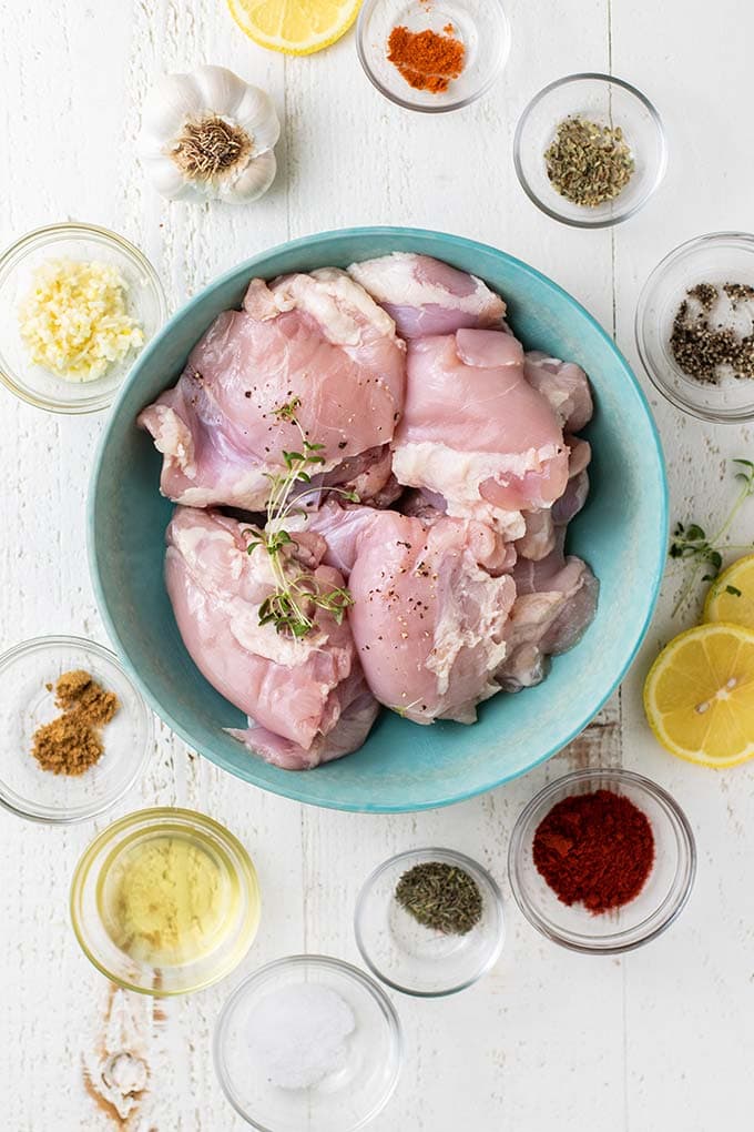 All of the ingredients needed for this Instant Pot chicken thigh recipe.