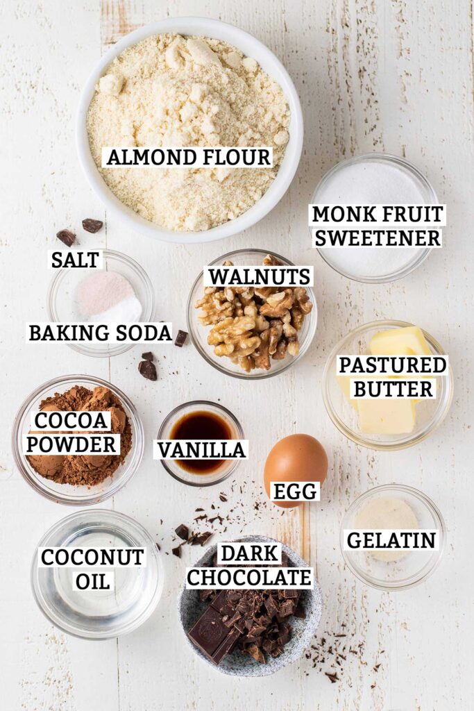 The ingredients prepared to make keto chocolate cookies, labeled.