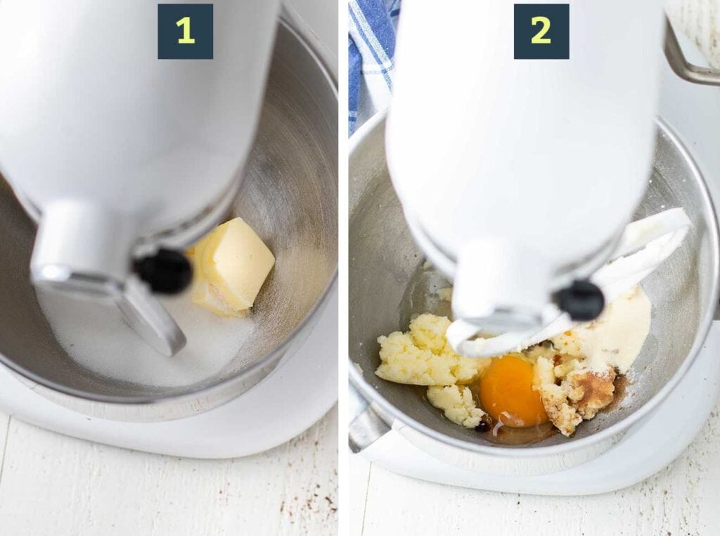 Two images showing how to cream the butter and sweetener, and then add the other wet ingredients.