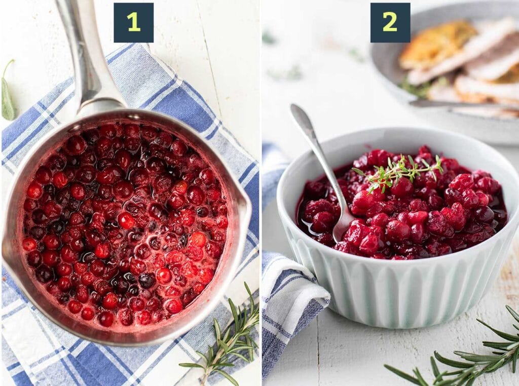 Showing how to boiling the cranberries with sweetener than allow them to cool.