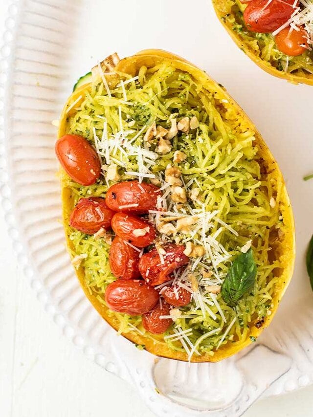 Baked Spaghetti Squash with Pesto - blissfullylowcarb.com