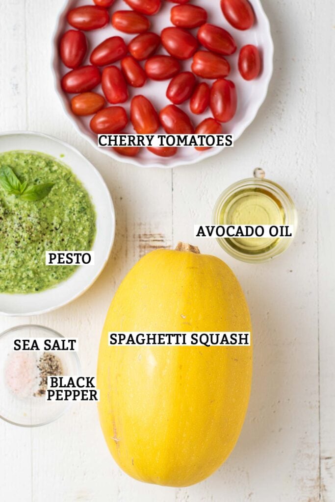 The ingredients for pesto spaghetti squash shown labeled.