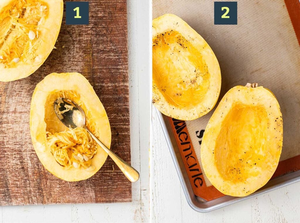 Two photos showing a cut spaghetti squash having the seeds scooped out and being seasoned with avocado oil, salt and pepper.