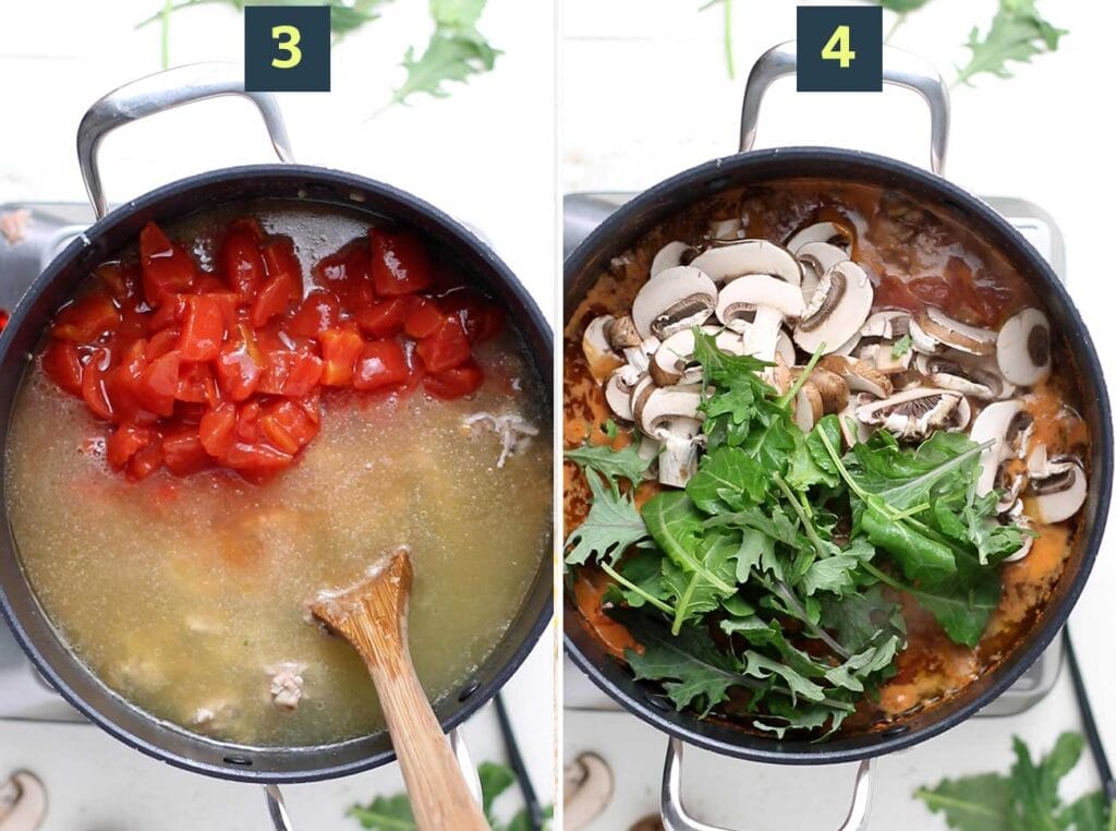Step 3 shows to add the tomatoes and broth, and step 4 shows to add the mushrooms and baby kale.
