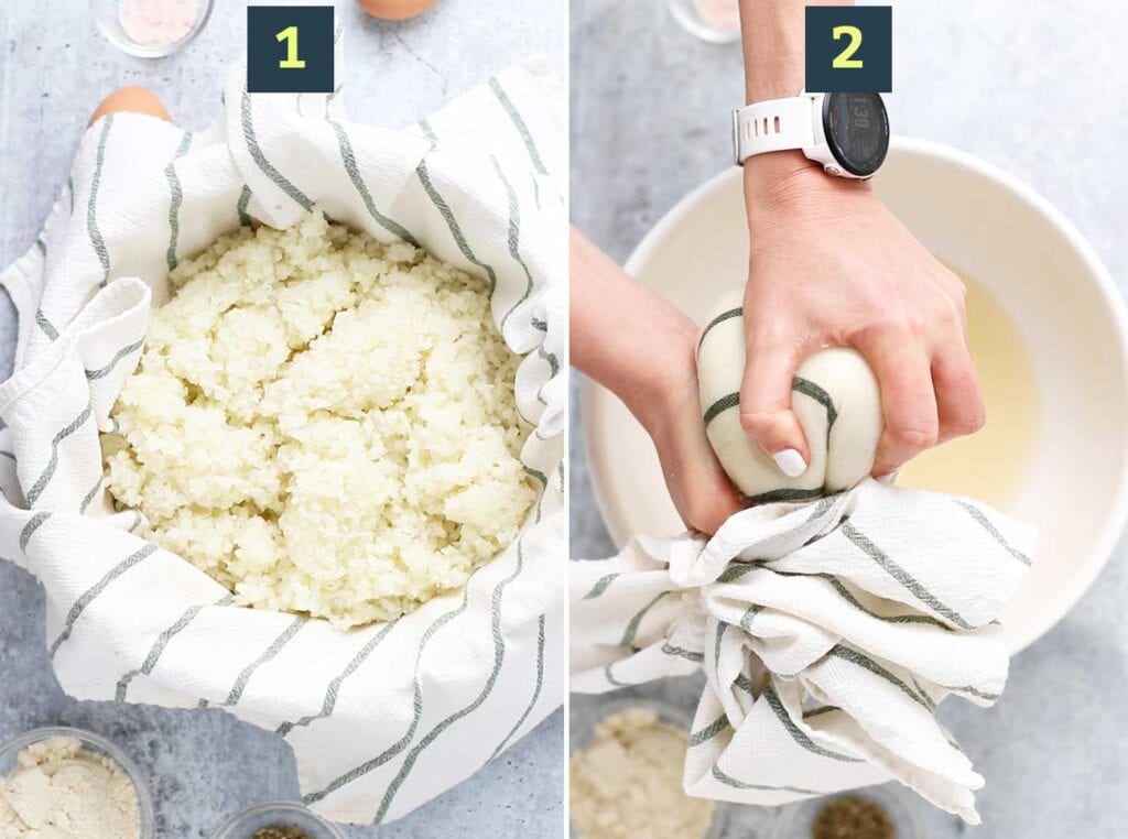 Step 1 shows to make cauliflower rice, and step 2 shows to cook the cauliflower and squeeze out excess water.