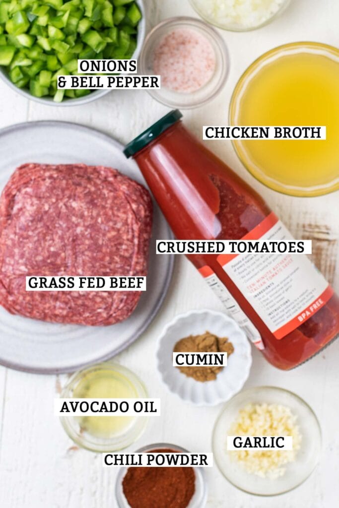 The ingredients needed for keto beef chili.