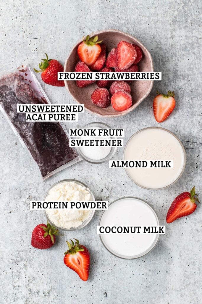 The ingredients needed for a keto acai smoothie, shown labeled.