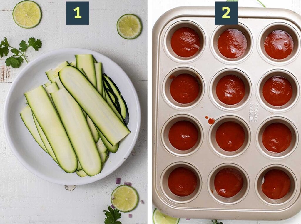 Step 1 shows to slice the zucchini noodles, and step 2 is to put enchilada sauce into the cavities of a muffin pan.