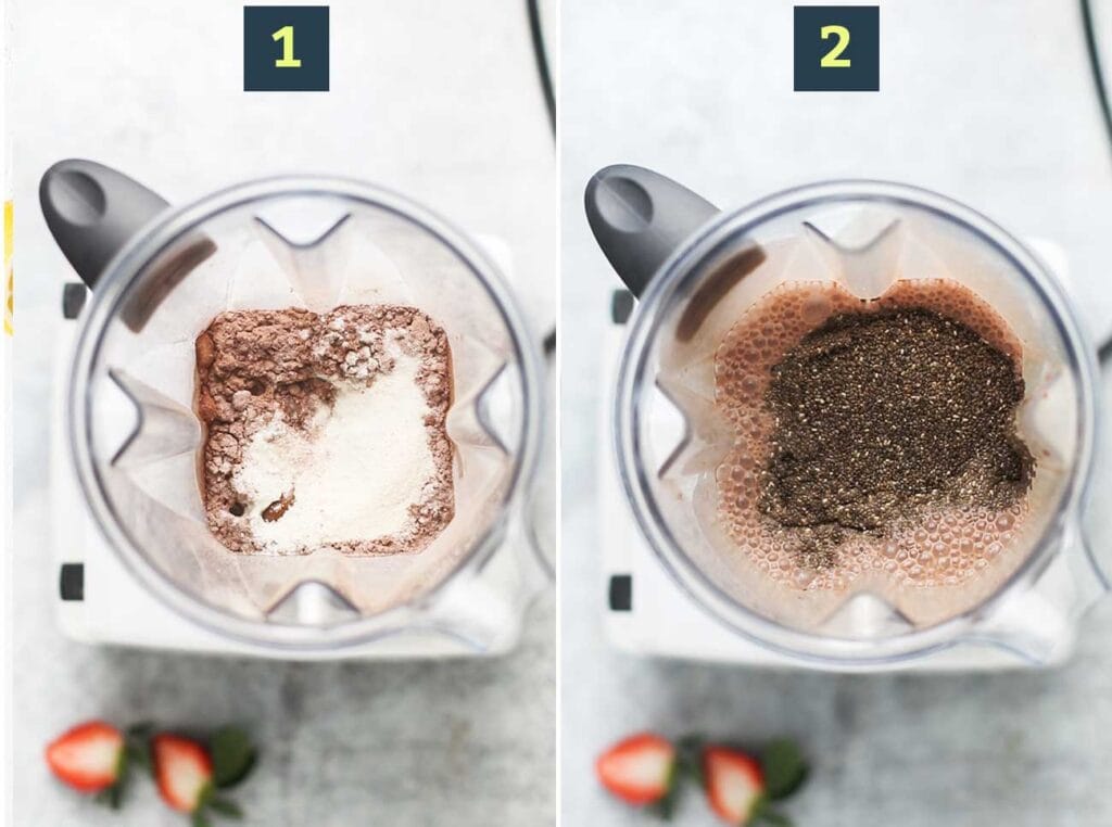 Step 1 shows to add your milk, cocoa powder, and sweetener to the blender, and step 2 is adding the chia seeds and pulsing to combine with the liquid.