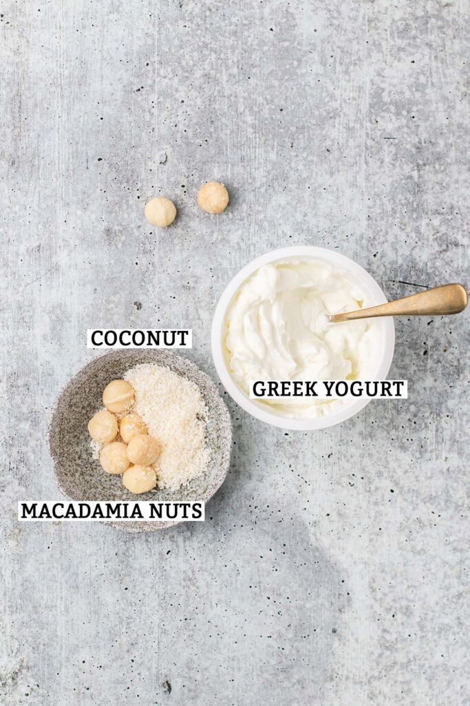 A photo showing macadamia nuts, shredded coconut, and a thick Greek yogurt.