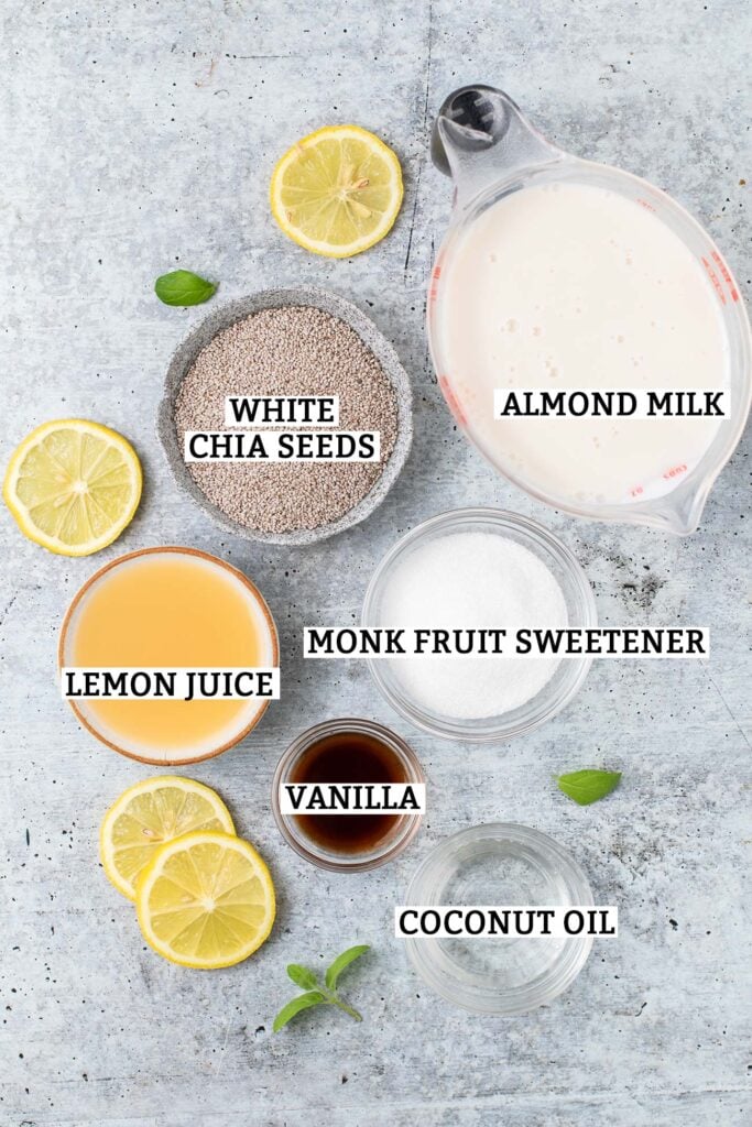 The ingredients needed for lemon chia pudding.