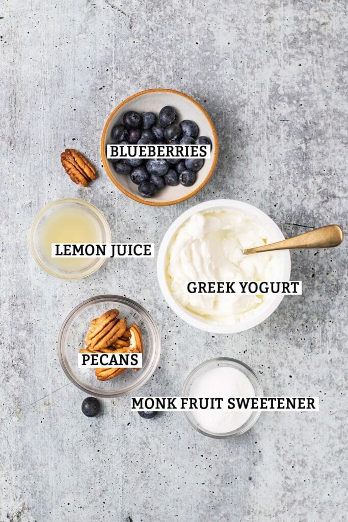 The ingredients needed to make a keto Greek yogurt with blueberries and lemon.