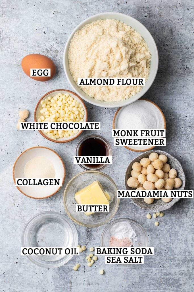 The ingredients needed to make white chocolate macadamia nut cookies.