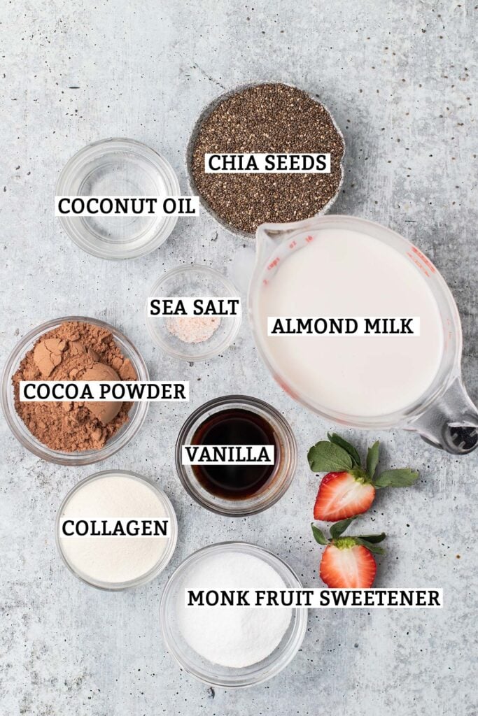 The ingredients needed to make keto chocolate chia seed pudding.