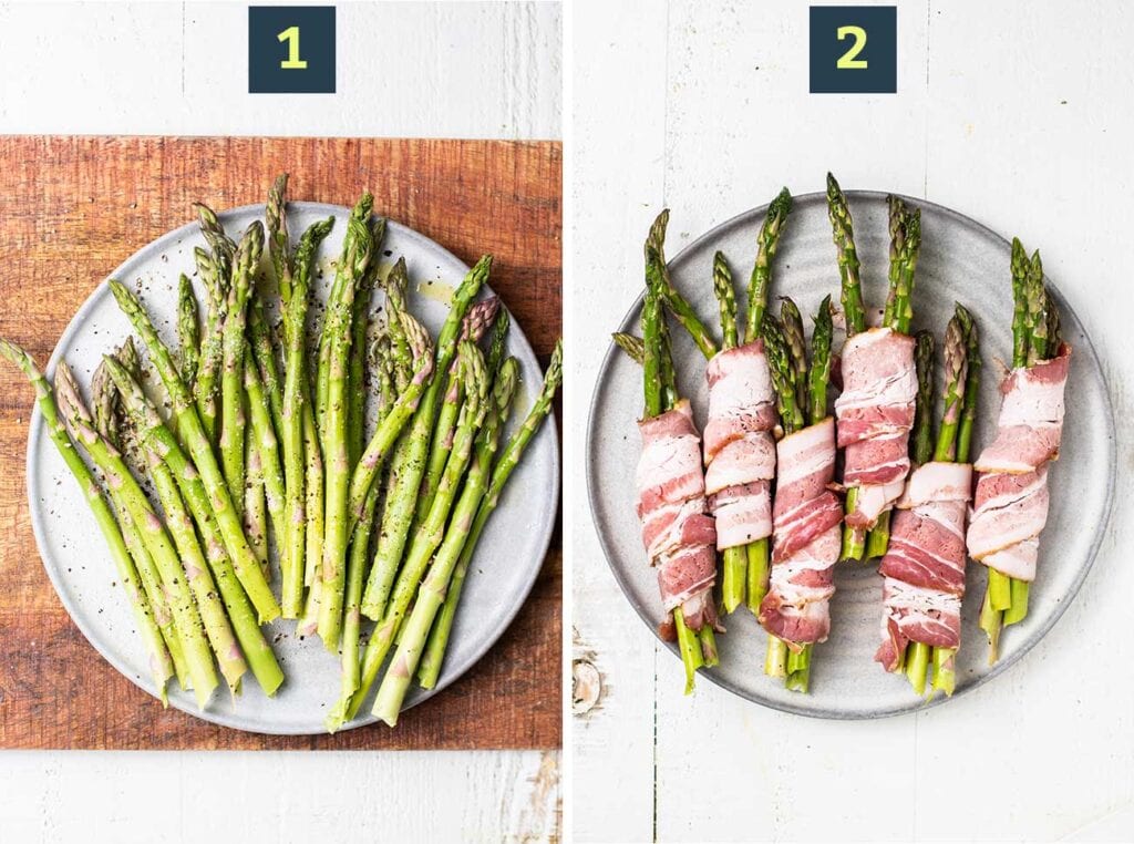 Step 1 shows to clean and season the asparagus, and step 2 shows to wrap bundles of 3 spears with a piece of bacon.