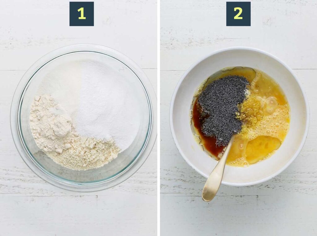Step 1 is to combine all the dry ingredients in a bowl and whisk them together, and step 2 is to combine the wet ingredients in a separate bowl.