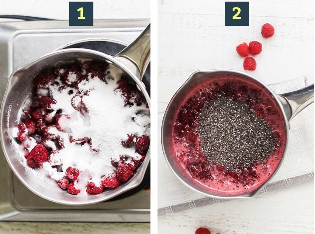 Step 1 shows simmering the raspberries and sweetener, and step 2 shows stirring in the chia seeds.