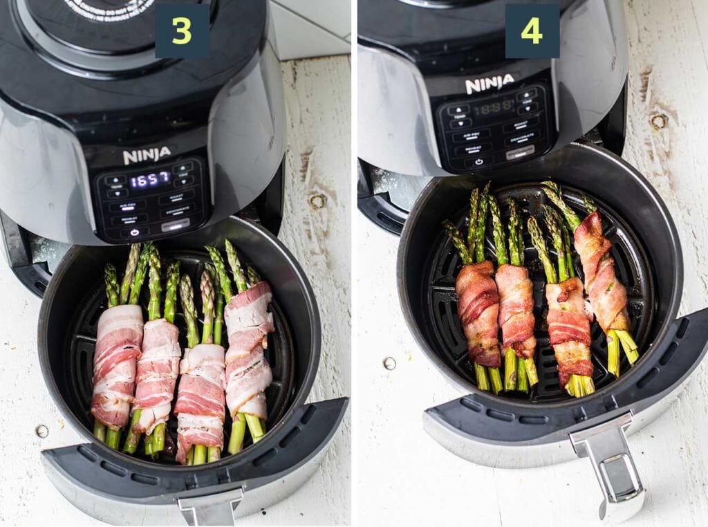 Step 3 shows asparagus going into a preheated air fryer. Step 4 shows the asparagus bundles after being air fried for 8 minutes.