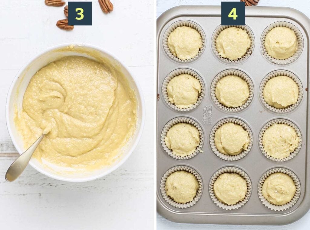 Step 3 shows combining the wet and dry into a thick batter, and step 4 shows filling a muffin tin with the batter.