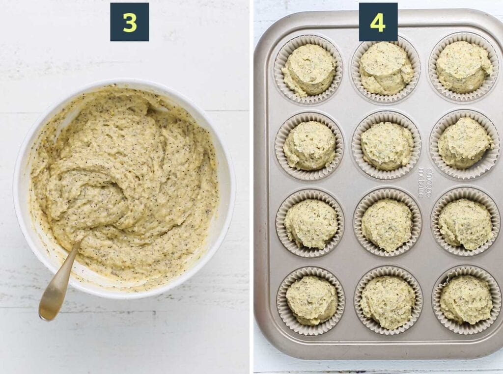Step 3 is to add the dry ingredients into the wet ingredients, and step 4 shows adding the muffin batter into a lined muffin pan.