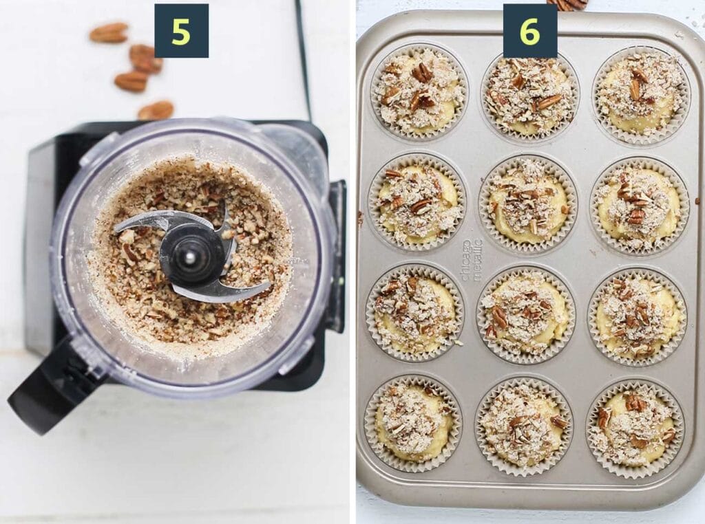 Step 5 shows adding the pecans to a food processor, and step 6 shows topping the muffins with the topping.