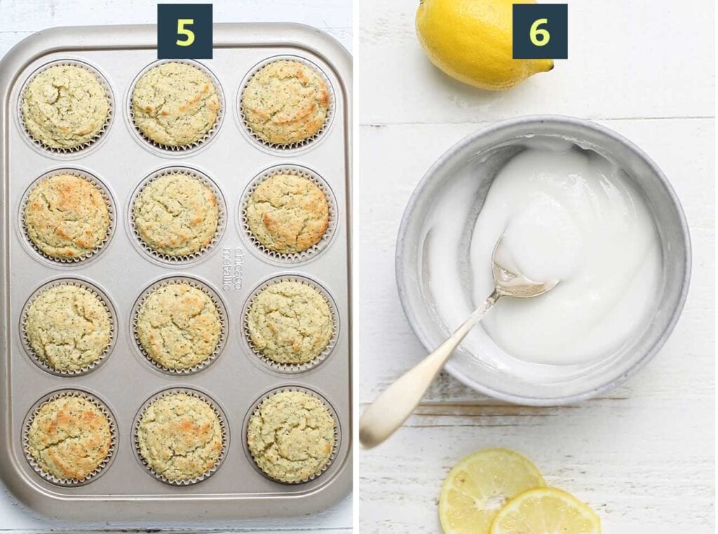 Step 5 shows baking the muffins, and step 6 shows making an optional lemon glaze.