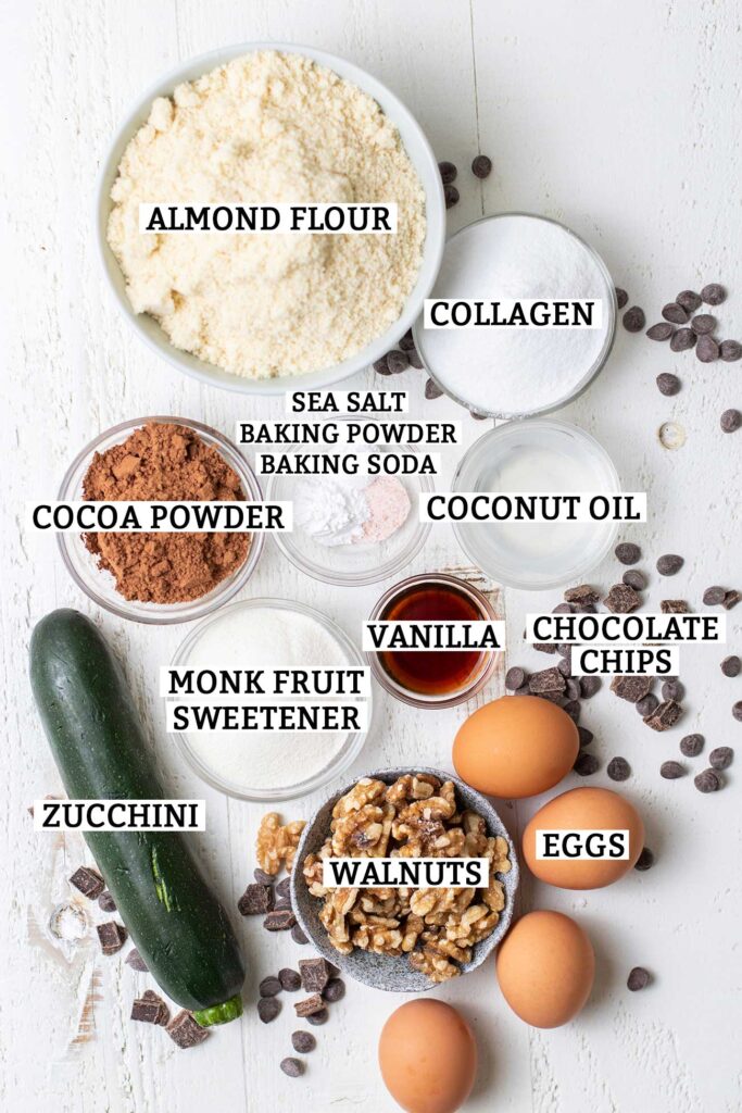 The ingredients needed to make keto chocolate zucchini muffins.