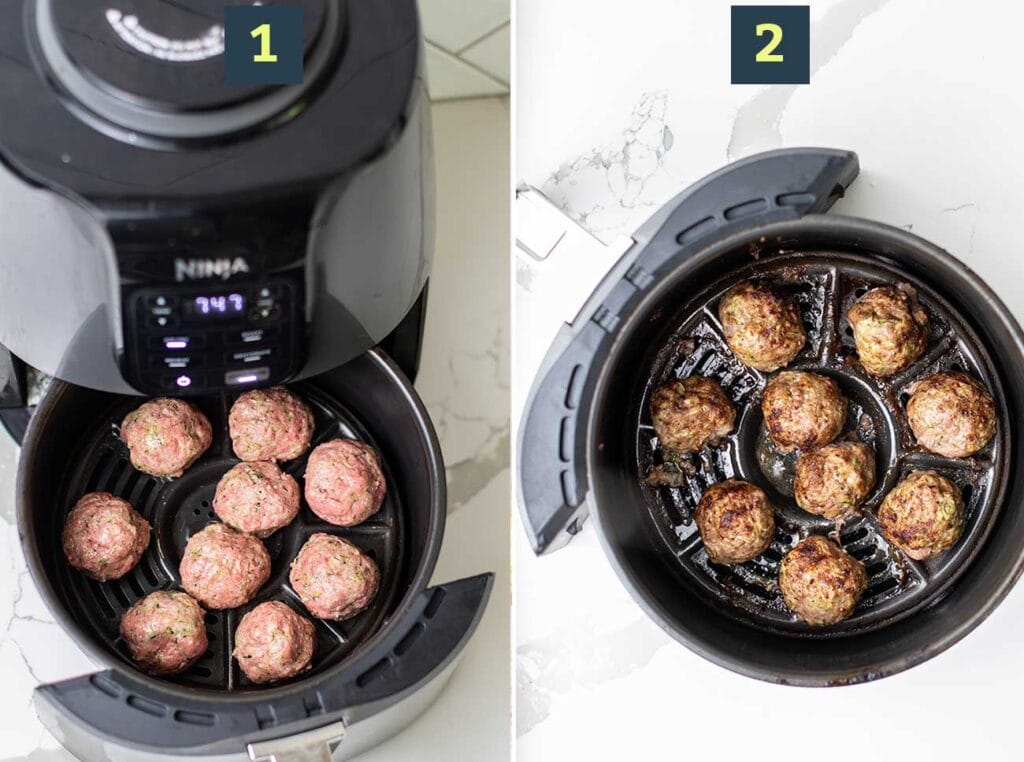 Step 1 shows adding meatballs to a hot air fryer, and step 2 shows the caramelized exterior of air fryer meatballs.
