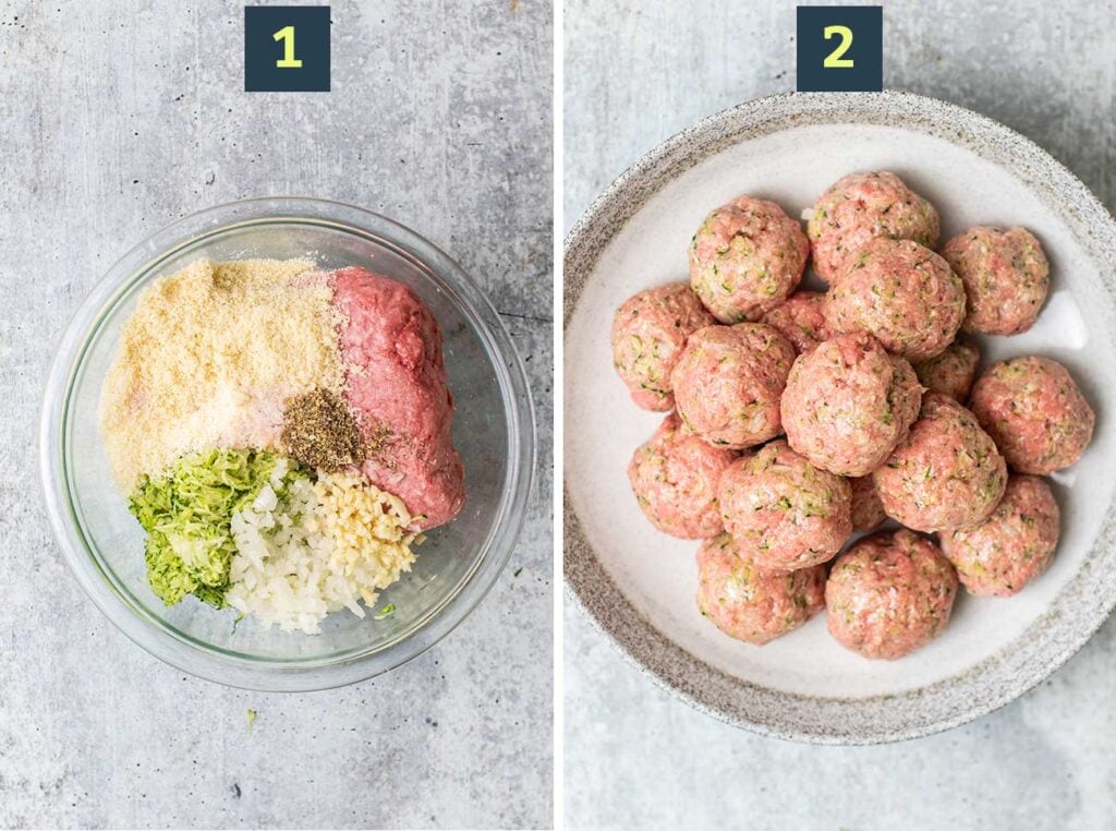 Step 1 shows mixing together meatball ingredients, and step 2 shows forming balls.