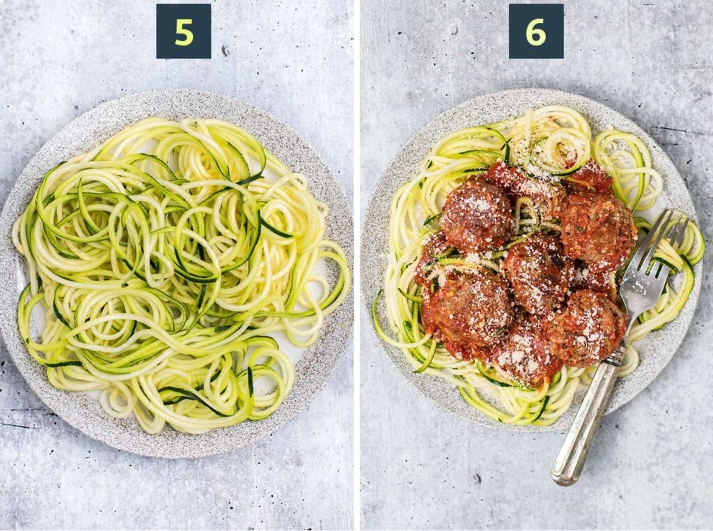 Step 5 shows preparing a zoodles, and step 6 shows adding the meatballs to the zoodles with parmesan cheese.