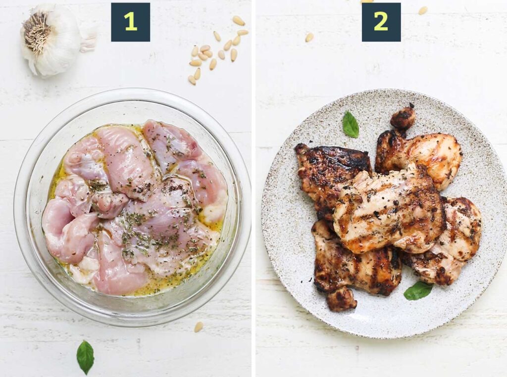 Step 1 shows marinating the chicken, and step 2 shows grilling the chicken.
