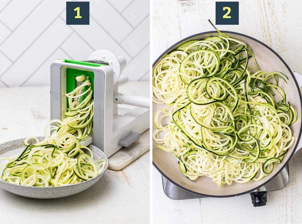Step 1 shows making zoodles, and step 2 shows quickly stir frying zoodles.