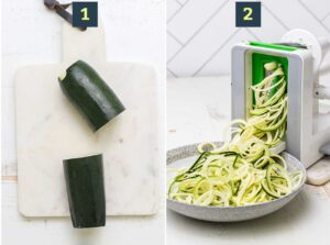 Step 1 shows trimming the ends of the zucchini and cutting long zucchini in half, and step 2 shows spiralizing the zucchini.