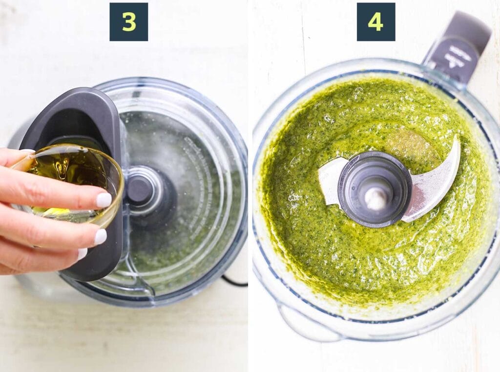 Step 3 shows drizzling olive oil into the food processor with pesto genovese ingredients, and step 4 shows adjusting the taste with sea salt.