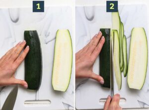 Step 1 shows slicing the zucchini in half, and step 2 shows slicing a half in very thin slices.