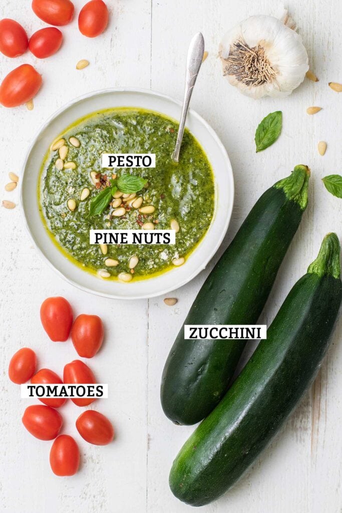 The ingredients needed to make pesto zucchini noodles with chicken.