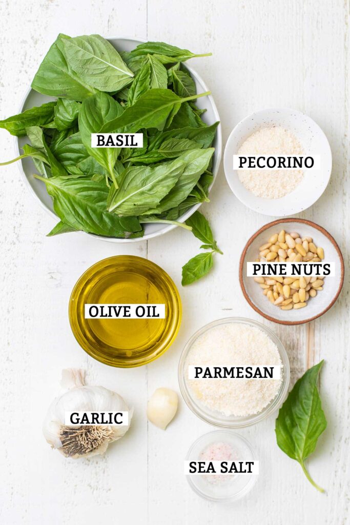 The ingredients needed to make authentic Genovese Pesto.