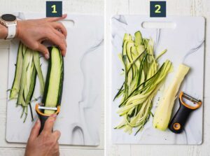 Step 1 shows running the julienne peeler down the side of the zucchini, and step 2 shows rotating the zucchini and repeating on all 4 sides.