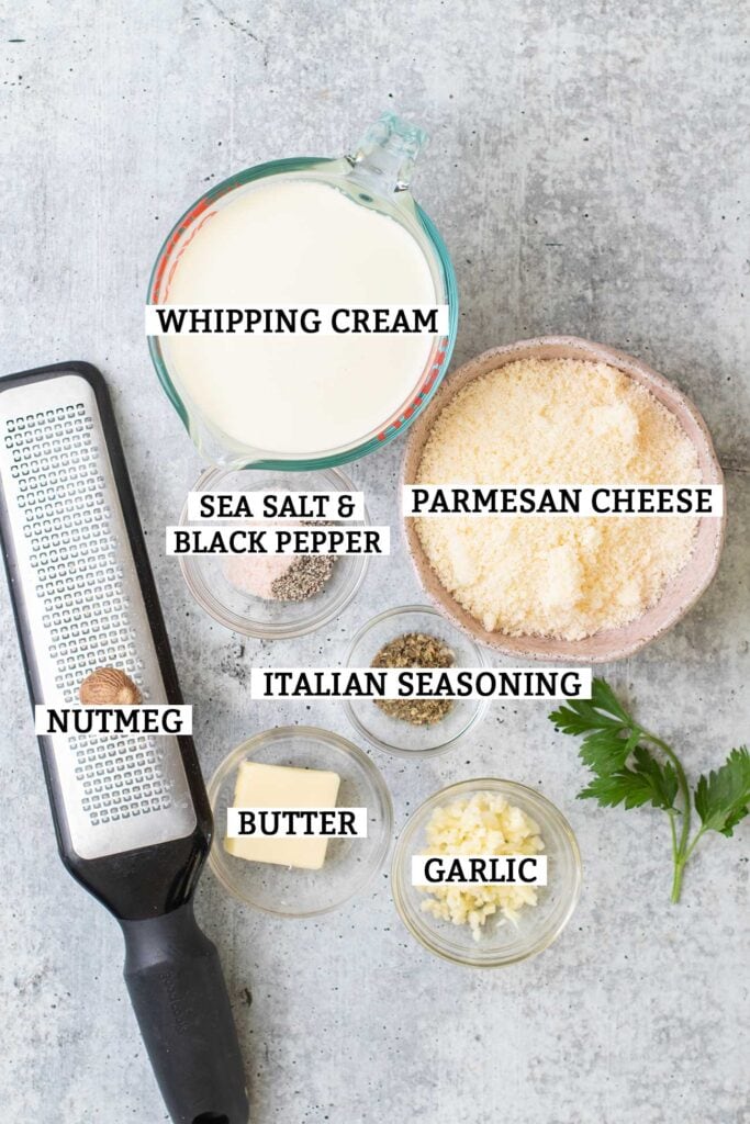 The ingredients needed to make a fresh, low carb Alfredo sauce.