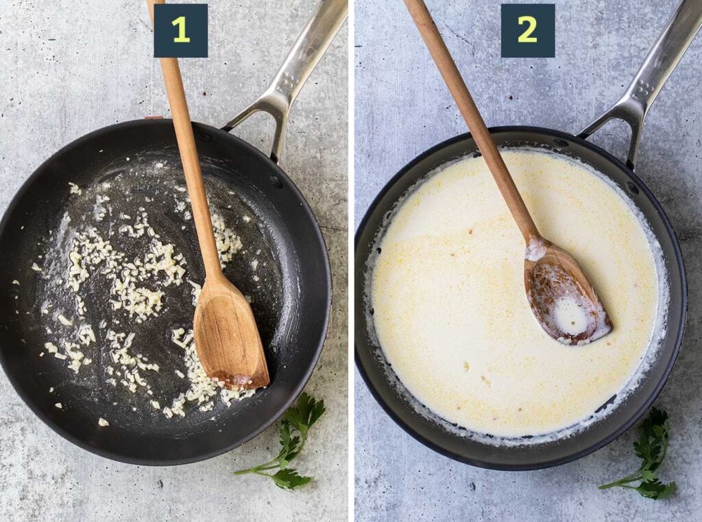 Step 1 shows sauteing the garlic in olive oil, and step 2 shows adding the cream to heat it.