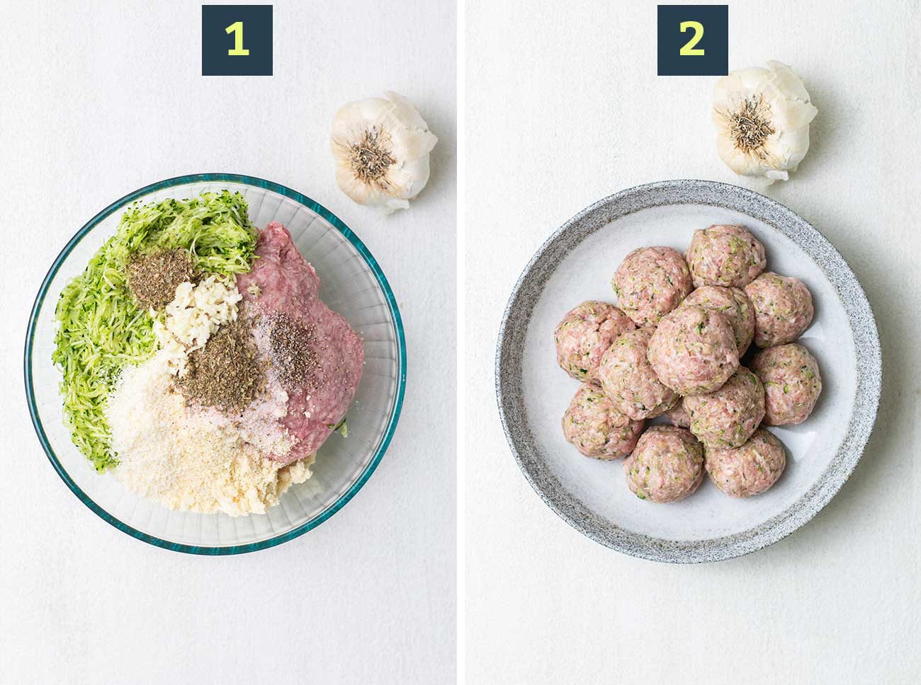 Step1 shows combining all the meatball ingredients, and step 2 shows forming meatballs.