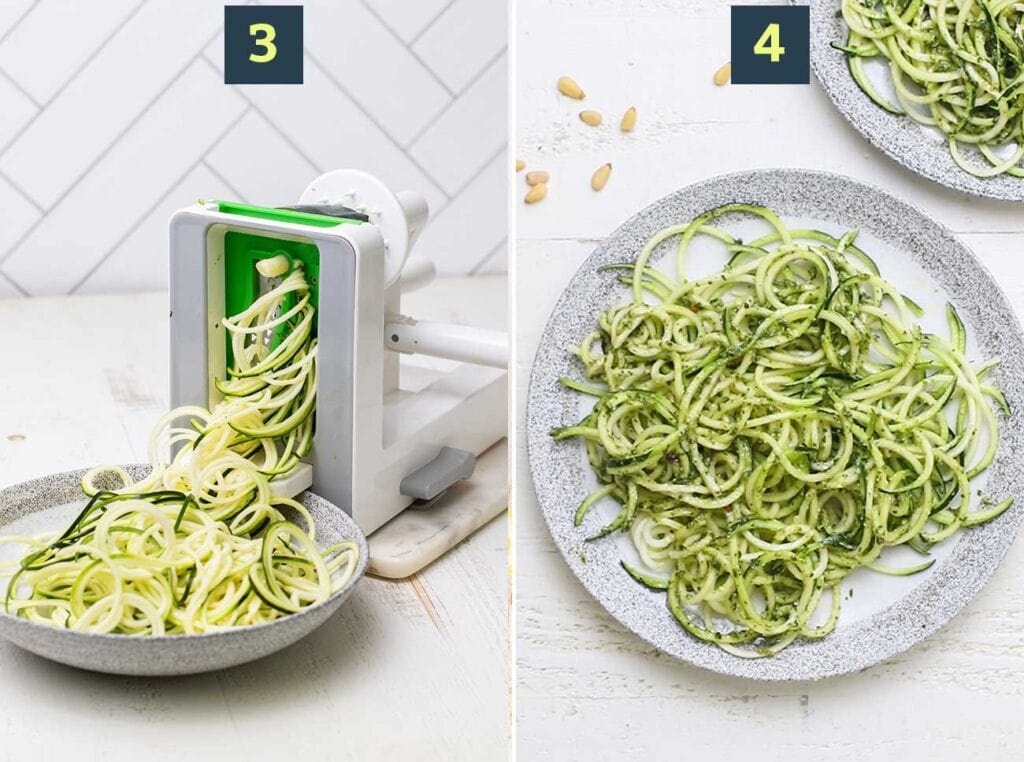 Step 3 shows making zoodles with a spiralzer and step 4 shows tossing raw zucchini noodles with pesto.