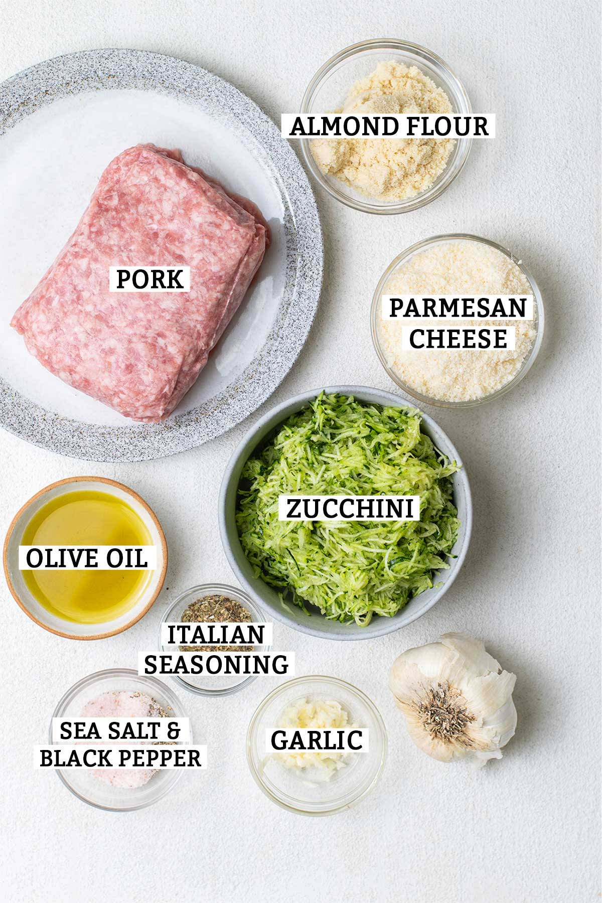 The ingredients needed for keto pork meatballs shown with labels.