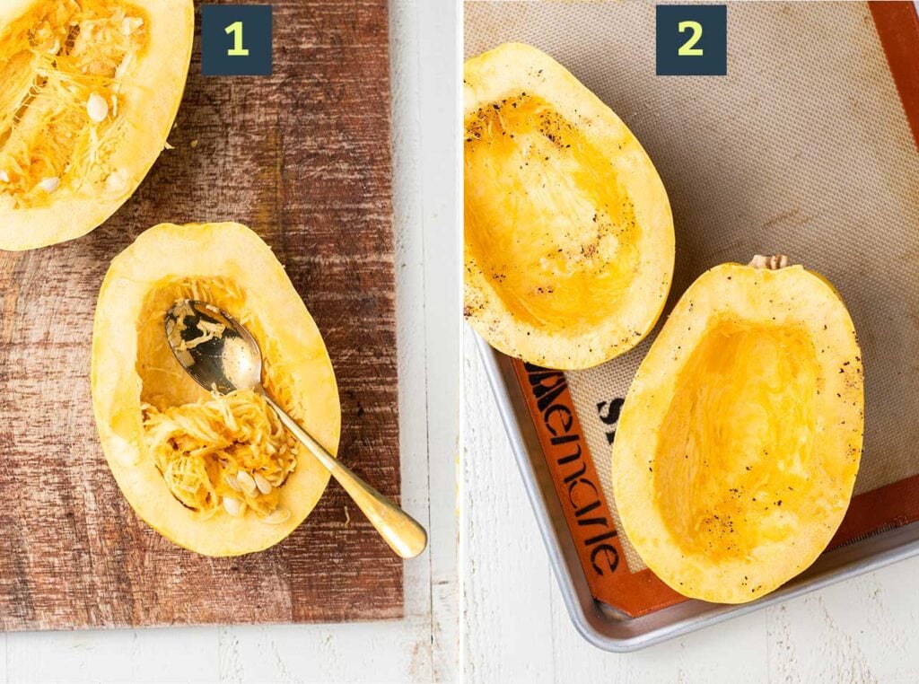 Step 1 shows slicing the spaghetti squash in half lengthwise and step 2 shows seasoning the squash with olive oil, salt and pepper.