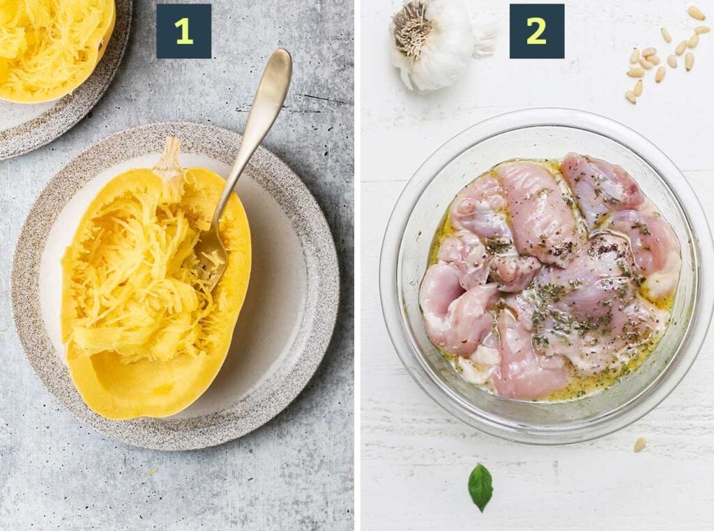 Step 1 shows roasting a spaghetti squash, and step 2 shows marinating chicken.